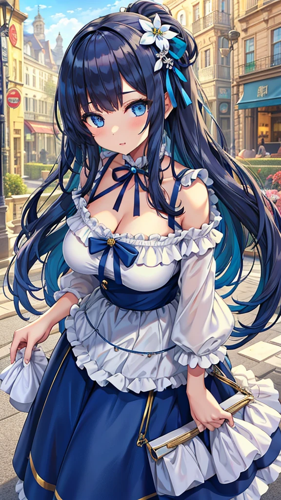 Masterpiece、Highest quality、Super detailed、1 girl、(Big Tits)、Fluffy and soft long hair、Blue Eyes、Cleavage、Navy Blue Hair、Idol、ribbon、In town