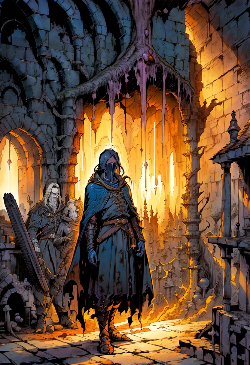 a painting of a man in a cloak standing in a room, michael whelan and gustave done, michael whelan and gustave dore, ted nasmith...