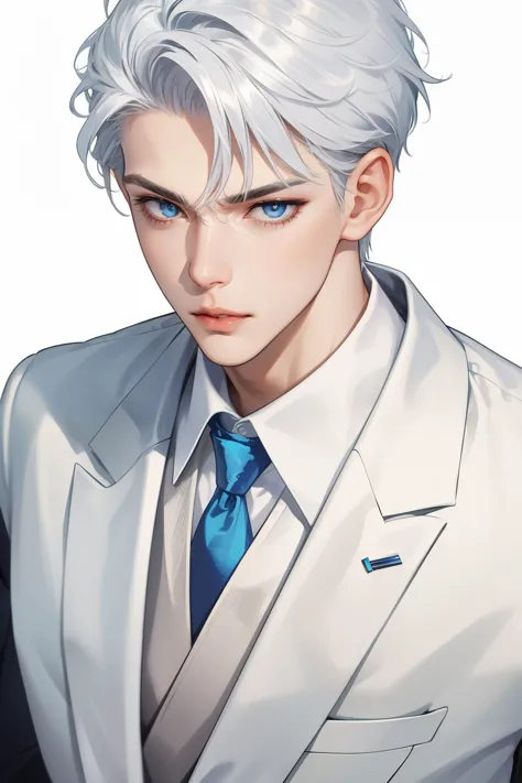 Boy, silver hair, blue eyes, serious sharp features, white skin, shiny lips, handsome, perfect, formal suit