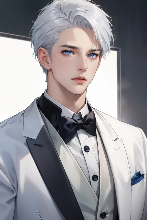 Boy, silver hair, blue eyes, serious sharp features, white skin, shiny lips, handsome, perfect, formal suit