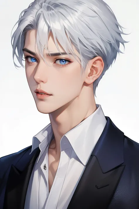 boy, silver hair, blue eyes, serious sharp features, white skin, shiny lips, handsome, perfect, formal suit