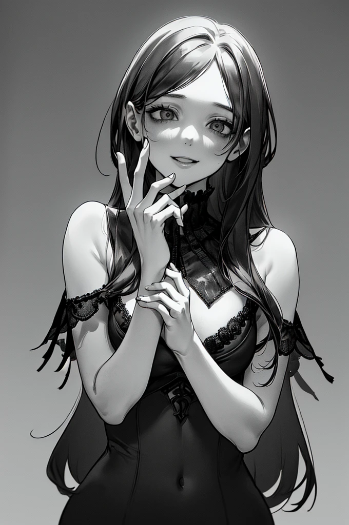 Highest quality, (Background details), High Contrast, Great beauty, Detailed original illustrations, Sensual, Delicate face, Charm, sexy, Real breasts, Small breasts, Crazy Smile, Crazy Eyes, attention arousal, White Background, (White Background: 1. 5), Beautiful line art, Monochrome