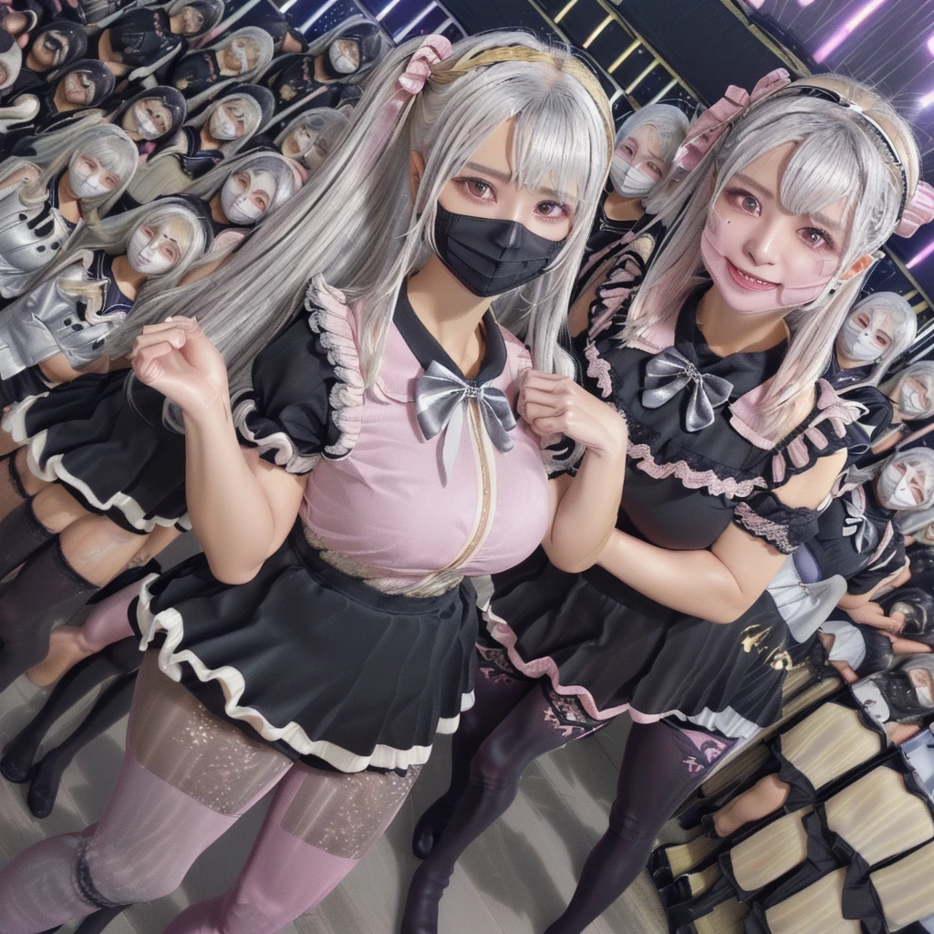 8K resolution, surreal, Super detailed, high quality, perfect anatomy, perfect proportion, 
((((((A group photo of home party at midnight, women only, most crowded indoor festival at night club, 7 girls, group photo)))))), 
(((((black clothes, jirai fashion, sailor collar, sailor uniform with many frills, Lace, pleated skirt, micro mini skirt, bow ribbon))))), 
(((pink clothes, grey clothes))), 
((grin, smile, happy)), ((((wearing black face mask)))), 
((((bright bleached hair, silver hair, gold hair))))+, (((super large breasts))), posing, 
(((shiny detailed oiled porcelain skin))), 
(((black see-through tights))), looking at viewer, full body