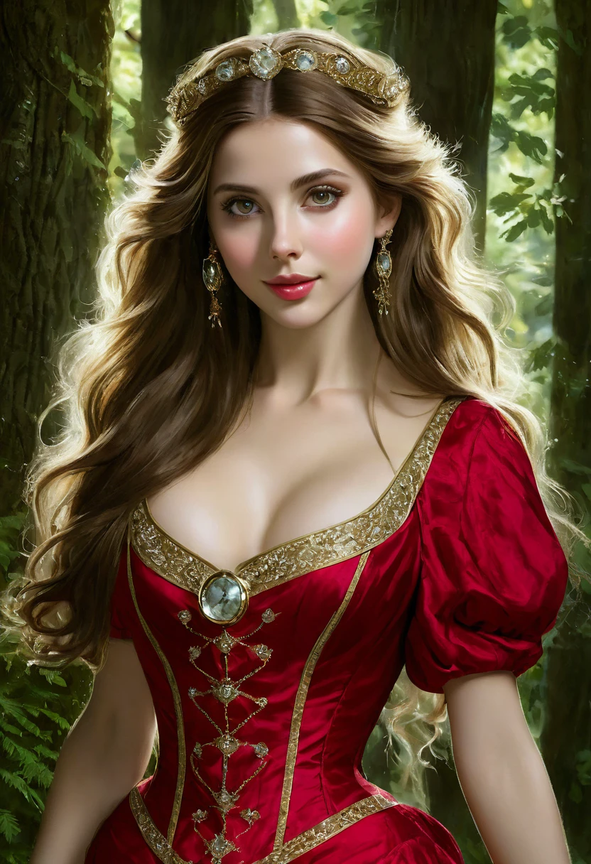 the overall theme and style should feel like. a hybrid of fairytale and Science Fiction. extremely beautiful model, female, long blonde hair, perky breasts, cleavage,, oppulentform fitting hooped skirt, red corset, large exagerated extravagant tiara. Wide Smile, Eyes Detailed & Wide, sexy Pose. Ultra HD, Rococo-Inspired Fantasy Art With Intricate Details. Cute, Charming Expression, Alluring-Gaze, looking at viewer Beautiful Eyes, An-Ideal-Figure. Large Youthful Well-Shaped-Breasts, Attractive ass showcased. Massive-Round-Bosom, Décolletage. slim waist, fit body, full lipsWarm lights , woman in a dreamy forest at night, with fluffy hair, delicate face, realistic, real, slim, large aperture, sexy shots, attractive poses,Stunnin gly beautiful merge of , Alison Brie, Scarlett Johanson, Dove Cameron. symmetrical face, photorealistic, photography, path tracing, specular lighting, volumetric face light, path traced hairmaximum quality{(masutepiece) (8K High Resolution) (top-quality)
