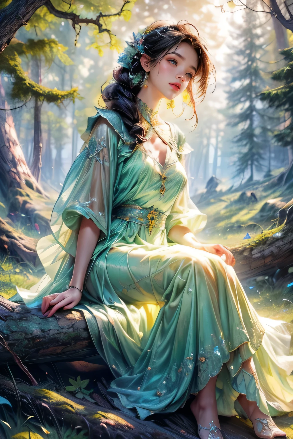 full-body view, masterpiece:1.2, highest quality, highres, 16k, ultra-realistic, photorealistic:1.37, beautifuldetailed, anime style illustration, 1girl, princess, light green hair, green forest spirit, beautiful light green hair, nature, fantastical, detailed face, beautiful light green eyes, expressive eyes, detailed lips, sitting on a branch on a high tree, legs dangling,ultra-detailed,intricate details, vibrant colors, fantasy art, digital painting, cinematic lighting, magical, cinematic angle,