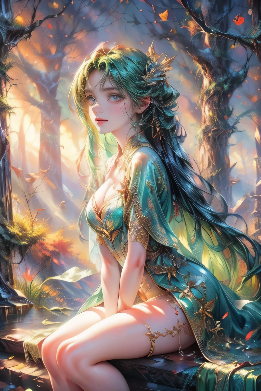full-body view, masterpiece:1.2, highest quality, highres, 16k, ultra-realistic, photorealistic:1.37, beautifuldetailed, anime style illustration, 1girl, princess, light green hair, green forest spirit, beautiful light green hair, nature, fantastical, detailed face, beautiful light green eyes, expressive eyes, detailed lips, sitting on a branch on a high tree, legs dangling,ultra-detailed,intricate details, vibrant colors, fantasy art, digital painting, cinematic lighting, magical, cinematic angle,
