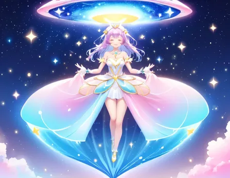 dynamic angle, smile, at the edge of the universe, a (ufo magical girl holds a galaxy). the galaxy spills from her hands, envelo...