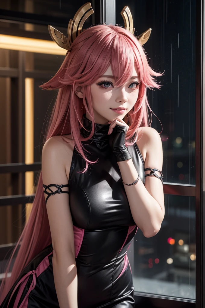 1 woman, yae miko genshin impact, pink hair, black party dress, night, near window, beautiful face, bent down,raining, thick, neon, hair accessory, dark surroundings, evil smile