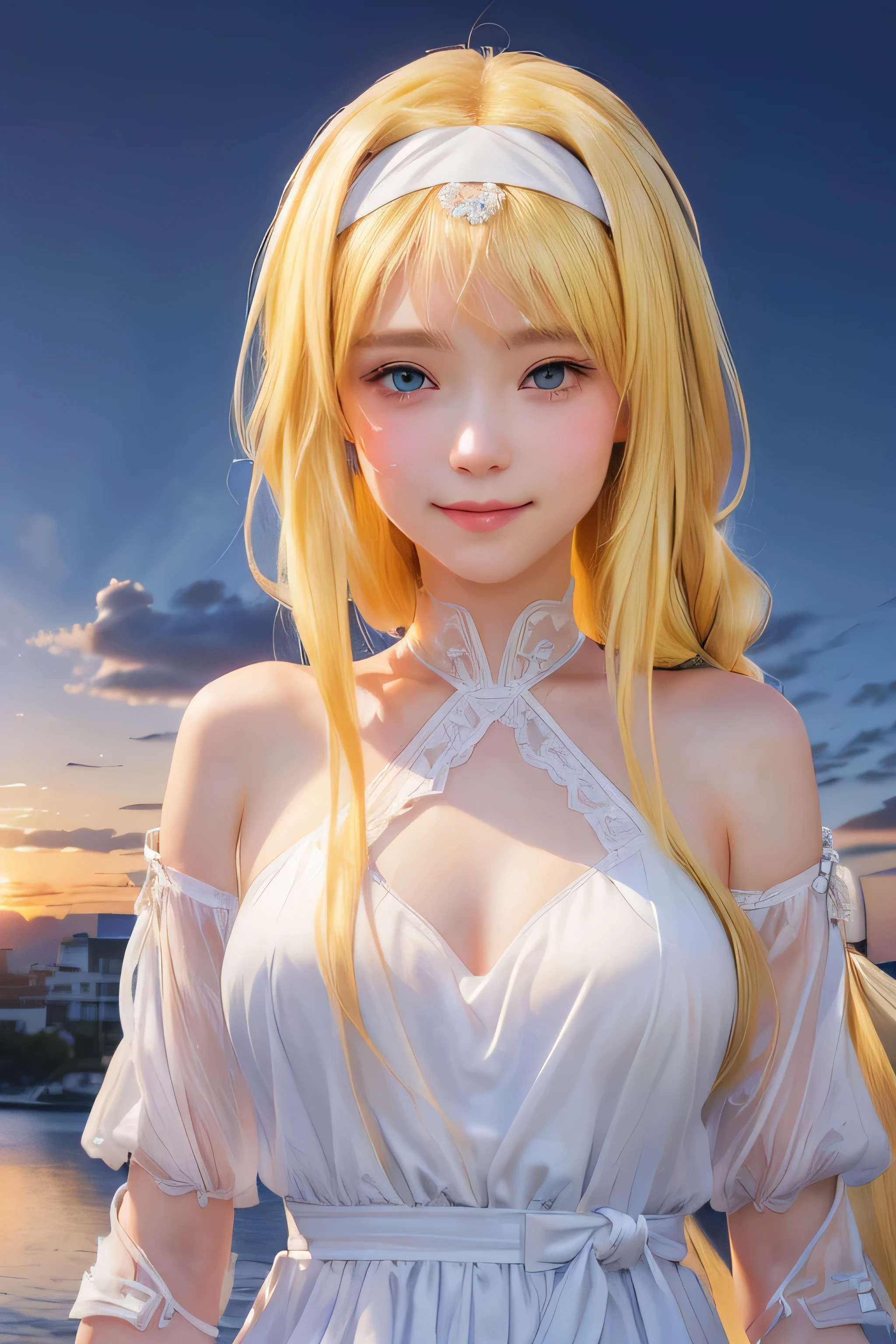 masterpiece, best quality, (realistic,photo-realistic:1.4), (RAW photo:1.2), extremely detailed CG unity 8k wallpaper, delicate and beautiful, amazing,finely detail, official art, absurdres, incredibly absurdres, huge filesize, ultra-detailed,extremely detailed eyes and face,light on face,alice zuberg,(little smile),(blonde hair:1.4),(long hair:1.4),(small breast:1.4),(wearing white dress:1.5),(sunset background:1.4),(white hairband:1.3)