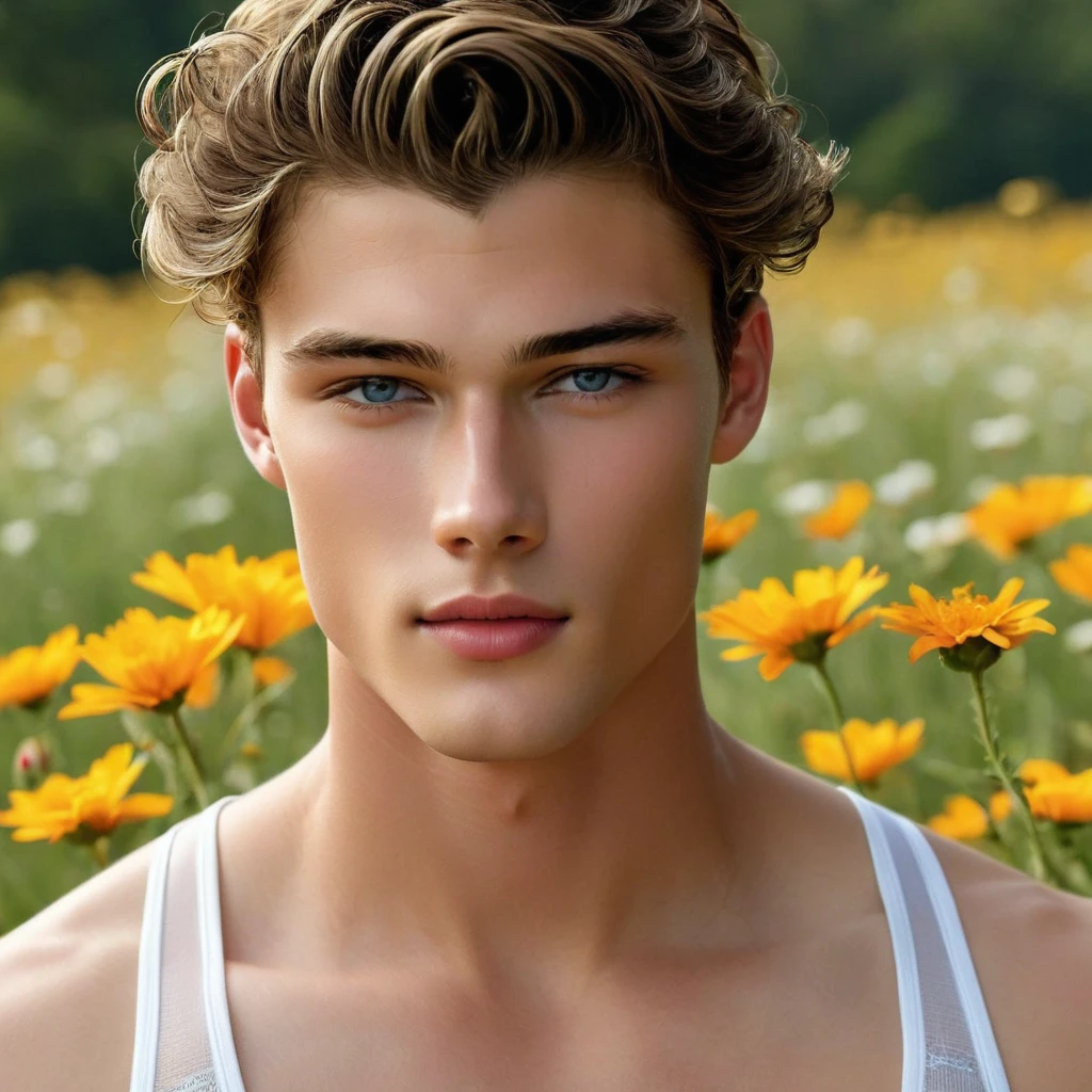 Behold a fashion editorial photo shoot featuring a photogenic and charming 23-year-old male supermodel, reminiscent of a mix between Sean O’Pry and Lucky Blue Smith. With his prince-like eyes, sweet smile, and an angelic face adorned with natural blemishes and freckles, he boasts short curly hair, a symmetric face, and a natural pale skin tone that embodies youthfulness and athleticism. Exuding a unique allure with his exotic features, he stands in a meadow adorned with wild colorful flowers, wearing white sheer underwear with a semi-hard bulge, the focus subtly directed towards it. Against the backdrop of vibrant greenery, he is captured in a full-body pose with a dynamic angle, emphasizing his captivating presence and the intricate details of the surroundings. 

The photograph is taken with a Canon EOS R camera using an 85mm f/1.8 lens at an f/2.2 aperture, utilizing natural light. Employing three-point lighting and incorporating 3D animation shadows enhances his features and adds depth to the composition. The careful layering and arrangement of his body parts and surrounding objects ensure a flawless composition. This masterpiece celebrates the beauty of the male form and invites viewers to immerse themselves in a world of sophistication and charm. The seductive lighting and intricate details, combined with a dramatic composition, invite viewers to revel in the essence of a fun-filled day, brimming with joy and relaxation. Attention is meticulously paid to the layers and arrangement of his body parts and surrounding objects, ensuring correct body structure and photo distance. The romantic atmosphere, paired with a lively and extremely gorgeous background, enhances the overall allure of this exquisite image.