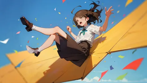 ((highest quality)), ((masterpiece)), ((very detailed)),floatingする女の子,angry expression，floating，floating，confetti，brown hair,tea...