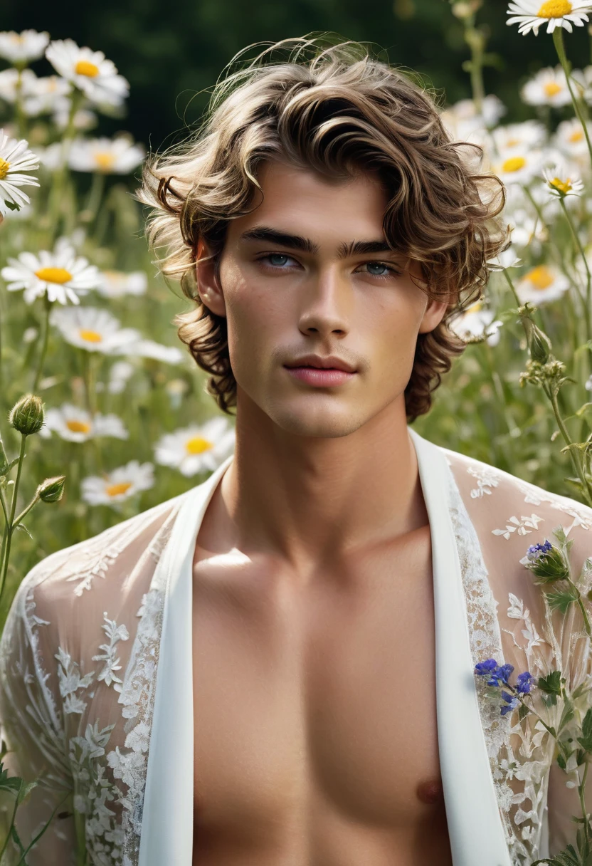 Behold a fashion editorial photo shoot featuring a photogenic and charming 23-year-old male supermodel, reminiscent of a mix between Sean O’Pry and Lucky Blue Smith. With his prince-like eyes, sweet smile, and an angelic face adorned with natural blemishes and freckles, he boasts short curly hair, a symmetric face, and a natural pale skin tone that embodies youthfulness and athleticism. Exuding a unique allure with his exotic features, he stands in a meadow adorned with wild colorful flowers, wearing white sheer underwear with a semi-hard bulge, the focus subtly directed towards it. Against the backdrop of vibrant greenery, he is captured in a full-body pose with a dynamic angle, emphasizing his captivating presence and the intricate details of the surroundings. 

The photograph is taken with a Canon EOS R camera using an 85mm f/1.8 lens at an f/2.2 aperture, utilizing natural light. Employing three-point lighting and incorporating 3D animation shadows enhances his features and adds depth to the composition. The careful layering and arrangement of his body parts and surrounding objects ensure a flawless composition. This masterpiece celebrates the beauty of the male form and invites viewers to immerse themselves in a world of sophistication and charm. The seductive lighting and intricate details, combined with a dramatic composition, invite viewers to revel in the essence of a fun-filled day, brimming with joy and relaxation. Attention is meticulously paid to the layers and arrangement of his body parts and surrounding objects, ensuring correct body structure and photo distance. The romantic atmosphere, paired with a lively and extremely gorgeous background, enhances the overall allure of this exquisite image.