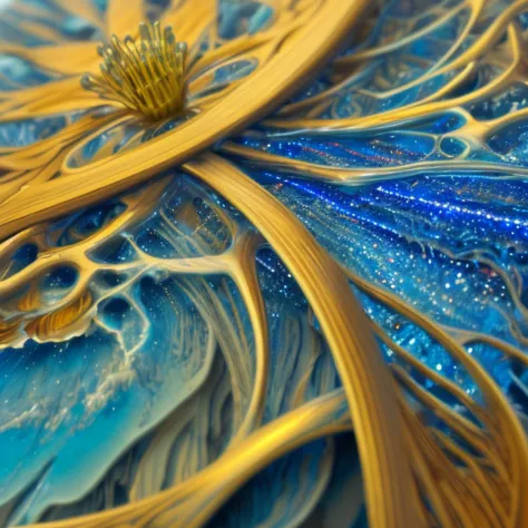 a glittering blue flower, chromed steel, titanium, vanadium and iron, dominant blue color tonality, growing on a fractal ground,...