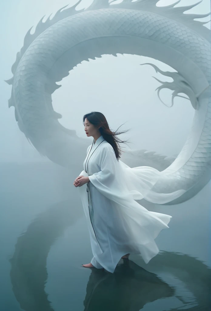 안개 낀 호수 위의 한 여성을 내려다보고 있는 중국의 백룡. 구름, 짙은 안개, 대칭 구성, 흰옷을 입은 여인이 호수 위를 걷고 용을 바라보고 있다, 신비로움 가득한, 확대