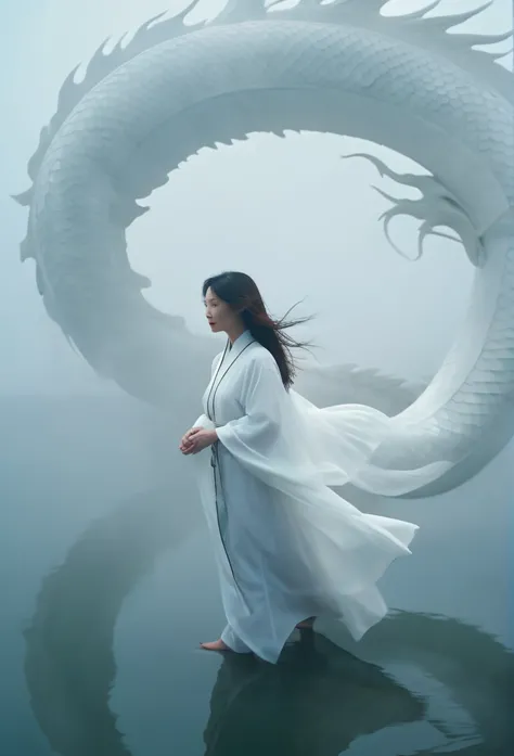 A white Chinese dragon looks down at a woman on a foggy lake. Clouds, thick fog, symmetrical composition, a woman in a white rob...