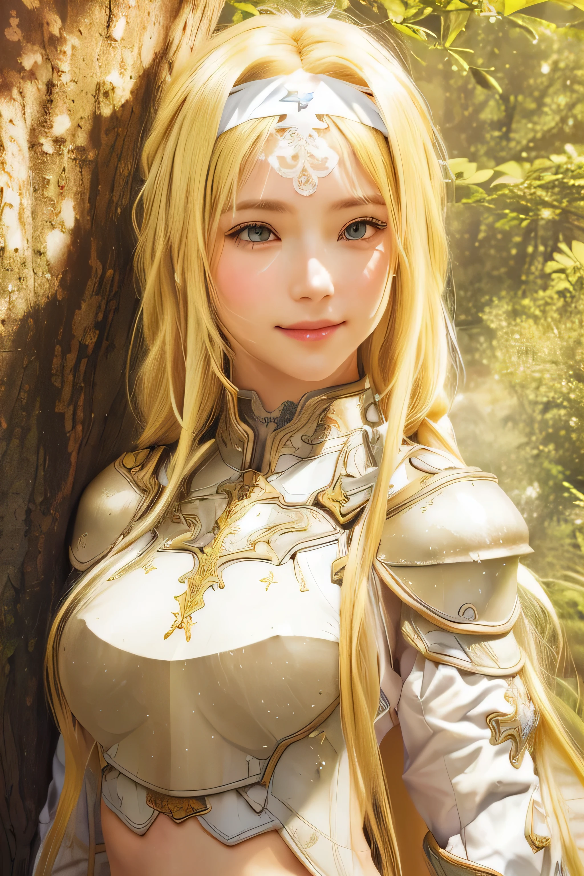 masterpiece, best quality, (realistic,photo-realistic:1.4), (RAW photo:1.2), extremely detailed CG unity 8k wallpaper, delicate and beautiful, amazing,finely detail, official art, absurdres, incredibly absurdres, huge filesize, ultra-detailed,extremely detailed eyes and face,light on face,alice zuberg,(little smile),(blonde hair:1.4),(long hair:1.4),(small breast:1.4),(wearing white armor:1.5),(under tree background:1.4),(white hairband:1.3)