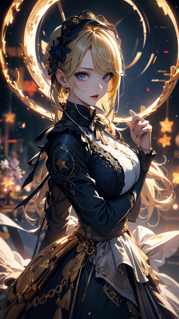 masterpiece, high quality, 4K, Beautiful design, silhouette，blonde， 非常に詳細な夜のStarry Sky,Flower Field， wonderful, Finer details,  Very knowledgeable woman, Highly detailed solo, 1 female,Big Breasts，Gothic Lolita Fashion，Night view，Starry Sky，full moon，