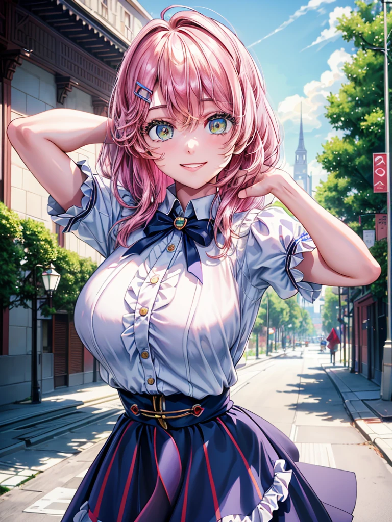 best image quality, (masterpiece:1.2), ultra detailed, exquisite, cowboy shot, high quality, Beautiful art, One Girl, looking at viewers, (leaning forward:1.5), arms behind back,  ((18 years old, Big Breasts, Giant bust:1.2)), fair skin, beautiful skin, Detailed teeth, Light green eye rest, Meticulous Eyelash Details, twinkle(in the eyes), Pastel pink French Braid, thin, smile, Heartily laugh, Fashionable clothes、(white ruffled blouse:1.1)、White collared shirt, (dark blue high-waist skirt:1.5), (Short sleeve shirt:1.1), from above,  in a town