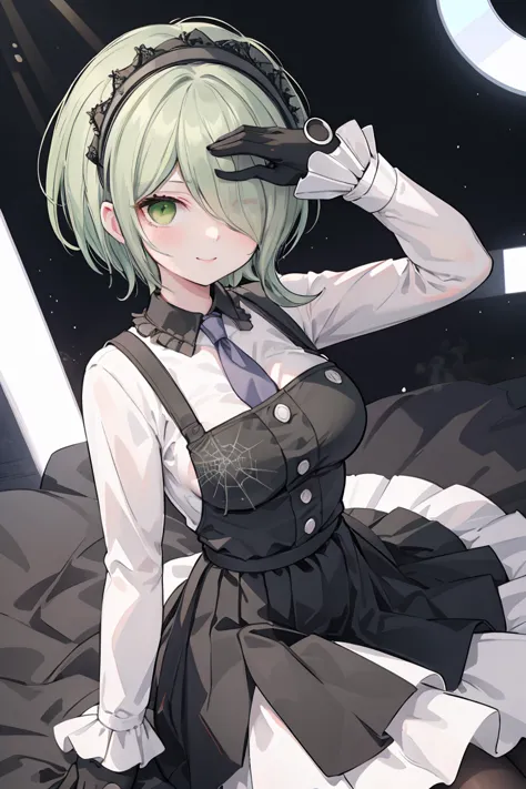 (highly detailed:1.3), tkirumi, looking at viewer, smile, large breasts, long sleeves, white shirt, green hair, black gloves, ha...