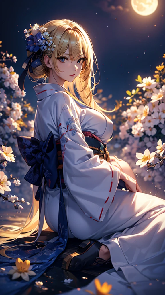 masterpiece, high quality, 4K, Beautiful design, silhouette，blonde， 非常に詳細な夜のStarry Sky,Flower Field， wonderful, Finer details,  Very knowledgeable woman, Highly detailed solo, 1 female,Big Breasts，Butt Emphasis，Underwear Line，Yukata in white color，Night view，Starry Sky，full moon，How to sit，