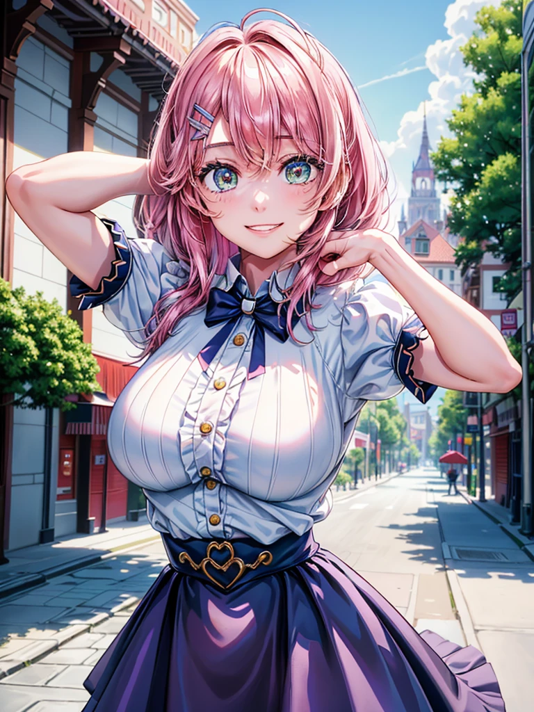 best image quality, (masterpiece:1.2), ultra detailed, exquisite, cowboy shot, high quality, Beautiful art, One Girl, looking at viewers, (leaning forward:1.5), arms behind back,  ((18 years old, Big Breasts, Giant bust:1.2)), fair skin, beautiful skin, Detailed teeth, Light green eye rest, Meticulous Eyelash Details, twinkle(in the eyes), Pastel pink French Braid, thin, smile, Heartily laugh, Fashionable clothes、(white ruffled blouse:1.1)、White collared shirt, (dark blue high-waist skirt:1.5), (Short sleeve shirt:1.1), from above,  in a town