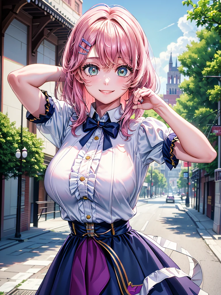 best image quality, (masterpiece:1.2), ultra detailed, exquisite, cowboy shot, high quality, Beautiful art, One Girl, looking at viewers, (leaning forward:1.5), arms behind back,  ((18 years old, Big Breasts, Giant bust:1.2)), fair skin, beautiful skin, Detailed teeth, Light green eye rest, Meticulous Eyelash Details, twinkle(in the eyes), Pastel pink French Braid, thin, smile, Heartily laugh, Fashionable clothes、(white ruffled blouse:1.1)、White collared shirt, (dark blue high-waist skirt:1.5), (Short sleeve shirt:1.1), from above,  in a town