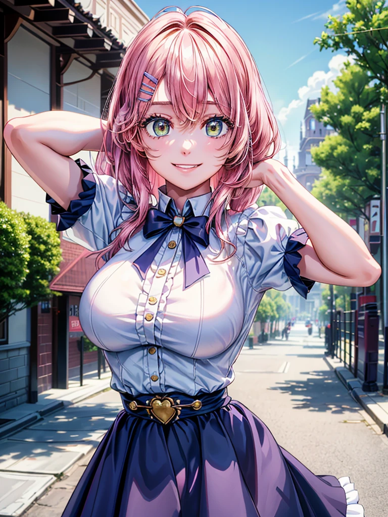 best image quality, (masterpiece:1.2), ultra detailed, exquisite, cowboy shot, high quality, Beautiful art, One Girl, looking at viewers, (leaning forward:1.5), arms behind back,  ((18 years old, Big Breasts, Giant bust:1.2)), fair skin, beautiful skin, Detailed teeth, Light green eye rest, Meticulous Eyelash Details, twinkle(in the eyes), Pastel pink French Braid, thin, smile, Heartily laugh, Fashionable clothes、(white ruffled blouse:1.1)、White collared shirt, (dark blue high-waist skirt:1.5), (Short sleeve shirt:1.1), from above,  in a town