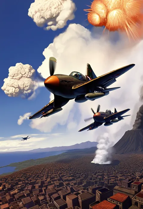 Fighter planes fly over volcanic city,
