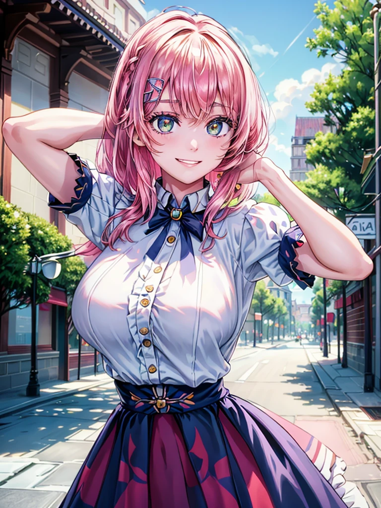 best image quality, (masterpiece:1.2), ultra detailed, exquisite, cowboy shot, high quality, Beautiful art, One Girl, looking at viewers, (leaning forward:1.5), arms behind back,  ((18 years old, Big Breasts, Giant bust:1.2)), fair skin, beautiful skin, Detailed teeth, Light green eye rest, Meticulous Eyelash Details, twinkle(in the eyes), Pastel pink French Braid, thin, smile, Heartily laugh, Fashionable clothes、(white ruffled blouse:1.1)、White collared shirt, (dark blue high-waist skirt:1.5), (Short sleeve shirt:1.1), from above,  in a town