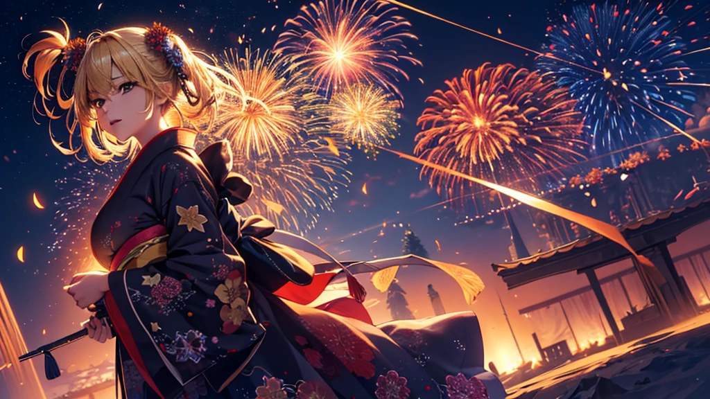 masterpiece, high quality, 4K, Beautiful design, silhouette，blonde， 非常に詳細な夜のStarry Sky,Flower Field， wonderful, Finer details,  Very knowledgeable woman, Highly detailed solo, 1 female,Big Breasts，Red color yukata，Night view，Starry Sky，Fireworks in the background，