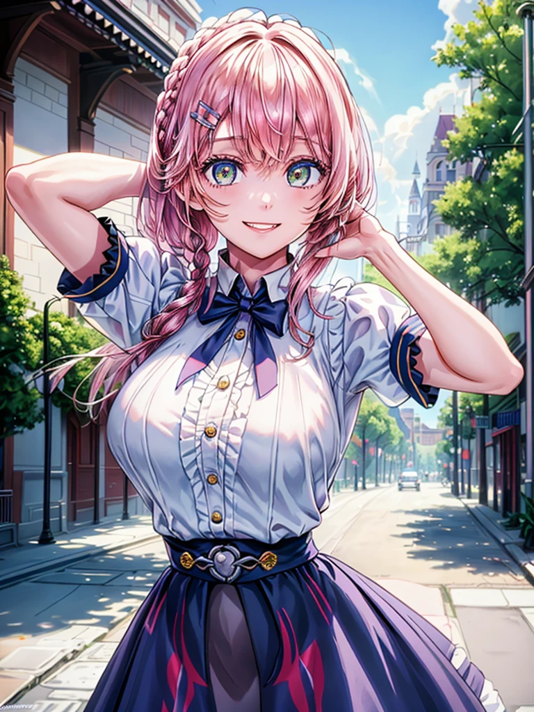 best image quality, (masterpiece:1.2), ultra detailed, exquisite, cowboy shot, high quality, Beautiful art, One Girl, looking at viewers, (leaning forward:1.5), arms behind back,  ((18 years old, Big Breasts, Giant bust:1.2)), fair skin, beautiful skin, Detailed teeth, Light green eye rest, Meticulous Eyelash Details, twinkle(in the eyes), Pastel pink French Braid, (braid long ponytail), thin, smile, Heartily laugh, Fashionable clothes、(white ruffled blouse:1.1)、White collared shirt, (dark blue high-waist skirt:1.5), (Short sleeve shirt:1.1), from above,  in a town