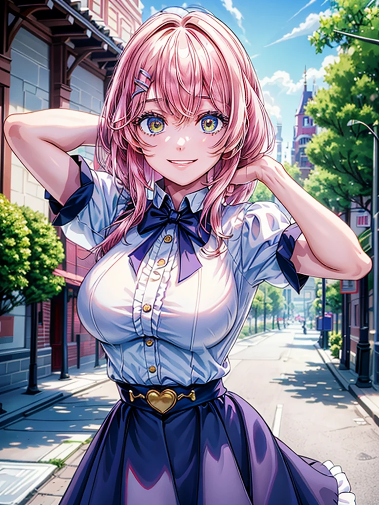 best image quality, (masterpiece:1.2), ultra detailed, exquisite, cowboy shot, high quality, Beautiful art, One Girl, looking at viewers, (leaning forward:1.5), arms behind back,  ((18 years old, Big Breasts, Giant bust:1.2)), fair skin, beautiful skin, Detailed teeth, Light green eye rest, Meticulous Eyelash Details, twinkle(in the eyes), Pastel pink French Braid, thin, smile, Heartily laugh, Fashionable clothes、(white ruffled blouse:1.1)、White collared shirt, (dark blue high-waist skirt:1.5), (Short sleeve shirt:1.1), from above,  in a town