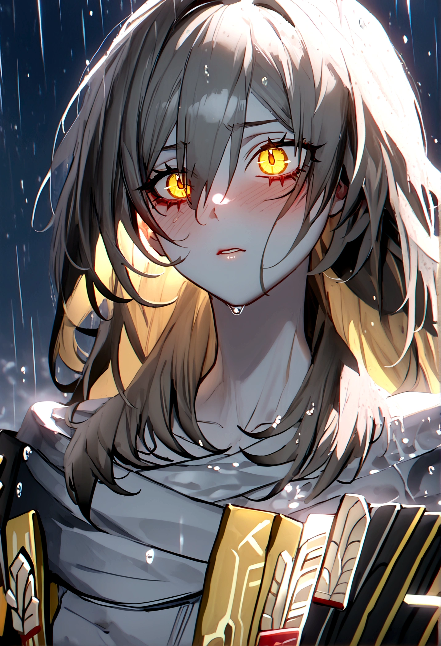 1girl, solo, looking down, stelle (honkai: star rail), very long hair, silver hair, golden hair, serious gaze, glowing eyes, solid eyes, sharp eyes, yellow pupils, bright pupils, slit pupils, purple scales, emotionless, glossy lips, parted lips, blush, disgusted face, expressive face, very long hair, outdoor, rain background, raining, perfect face, perfect hands, perfect fingers, non human fingers, perfect design, perfect detailed eyes, beautiful detailed eyes, top quality, best quality, masterpiece, detailed outfit, super detailed, ultra detailed, highly detailed, cinematic lighting, perfect anatomy, CG:1.9, ultra detailed:1.9, ultra-detailed:1.9, high resolution:1.9, high res:1.9, absurdres:1.9, masterpiece:2, high quality:2, best quality:2,pottsness style,heavy-rain, rain, wet, cloudy, dark, wet clothes, wet hair, 