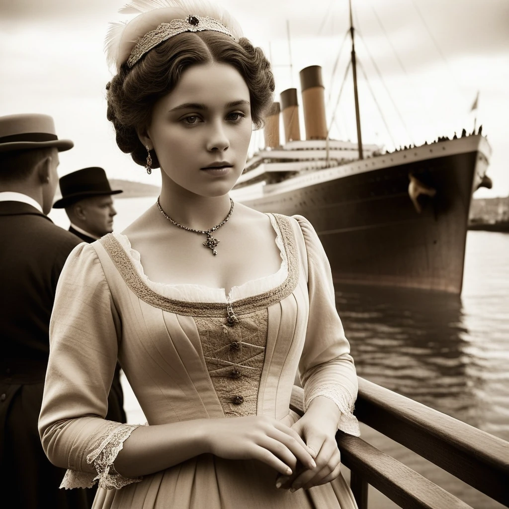 breathtaking, (finely intricate detailed:1.7)(RAW photo:1.3), (big scratches  on parts of the photo:1.8)(light sepia-toned photo) (noisy picture:0.5)    (perfectly designed  hands:1.3),  1912, a young beautiful woman with victorian dress stands at the harbour where Titanic, a giant ship, docking, preparing to sail, busy people working and boarding the ship