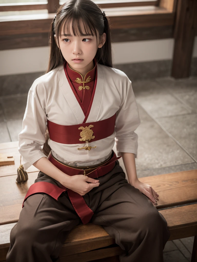(Beautiful), (16 years old: 1.3), (Pain Tolerance: 1.5), (8K), Japanese Beautiful Girl, Small Breasts, Photorealistic, Ultra High Resolution, Top Quality, Natural Light, (Ray Tracing: 1.2), Skin Chinese martial artist uniform, chair bondage, (natural skin texture, fine skin, hyper realism, super sharpness), intricate details, depth of drawn border, embarrassment, pain, ((for breath Gasp: 1.2)), Endurance: 1.5)), looking up from his knees with a furrowed brow.