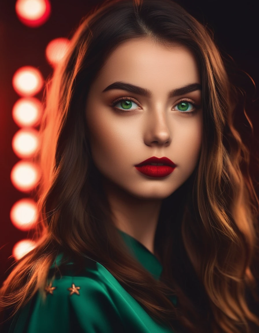 Foto de perfil de Instagram cinematográfica Fotografía de obra maestra de una hermosa chica, ojos verdes brillantes, big eyeashes red big lips muy detallado face and skin; tendencias en artstation enfoque nítido brillante iluminación de estudio hiperrealismo 8k gran angular profundidad sombreado hdr 4K alta definición cgsociety impresionante intrincado elegante pintura digital concepto diseño mate dibujo 3/Punto de perspectiva atmósfera de neón dramática composición cinematográfica con volumétrico.   . fotografía de 35 mm, película, bokeh, Profesional, 4k, muy detallado