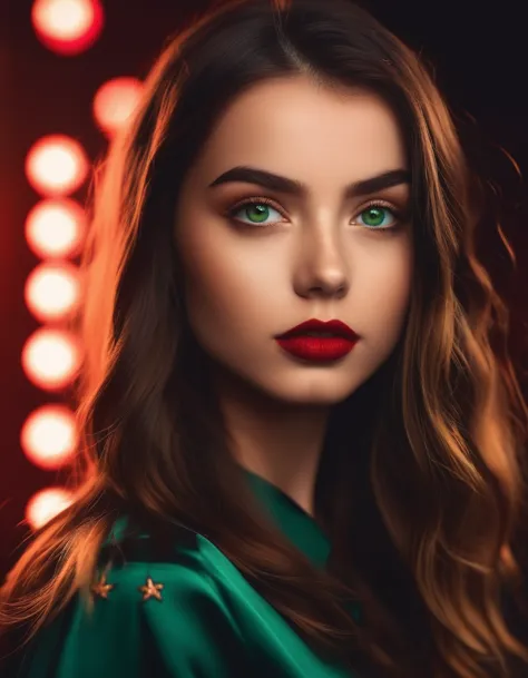cinematic Instagram profile photo Masterpiece photography of a beautiful 19 year old girl, green shiny eyes, big eyeashes red bi...