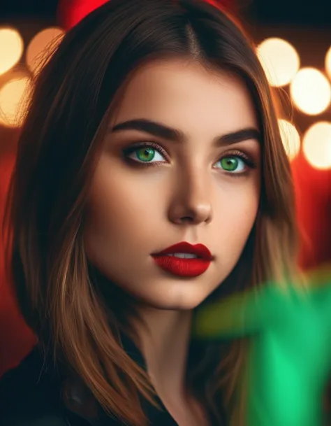 cinematic Instagram profile photo Masterpiece photography of a beautiful 19 year old girl, green shiny eyes, big eyeashes red bi...