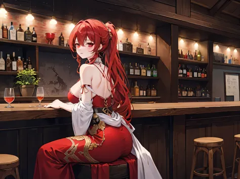 Crossing your legs, Anime style painting, An illustration, Liquor, Woman sitting at a bar drinking a cocktail, look return, retu...