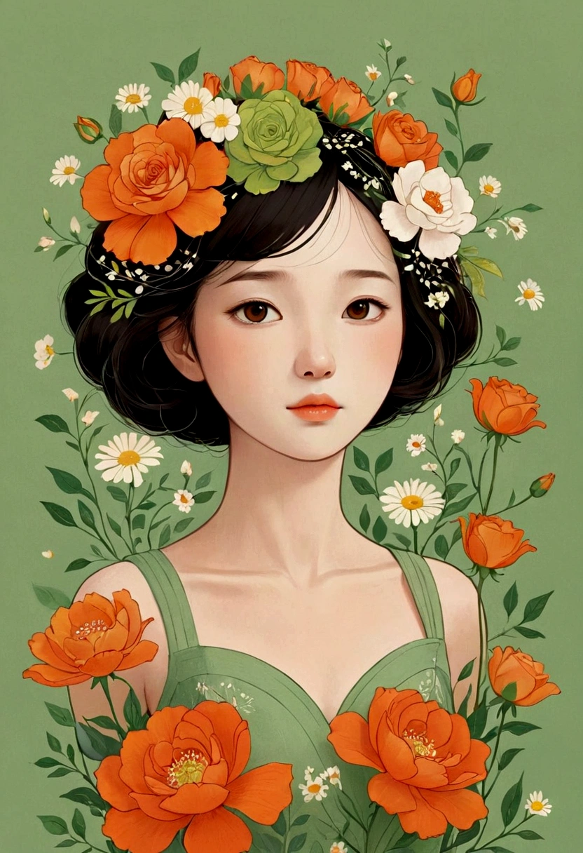 维克托·奈 (Victo Ngai) 的风格, 美丽的细节，帆布手提袋设计，简单，现代的，高档，可爱的，色彩阻挡，花朵，太平人寿标志,橙子，浅绿色，格子，线，插图，动画片，皮克斯，