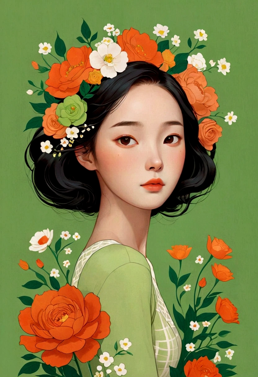 al estilo de Victo Ngai, Hermosos detalles，Diseño de bolsa de lona，sencillez，moderno，exclusivo，lindo，Bloqueo de color，flores，Logotipo De Seguro De Vida Taiping,naranja，verde claro，enrejado，Línea，ilustración，animación，pixar，