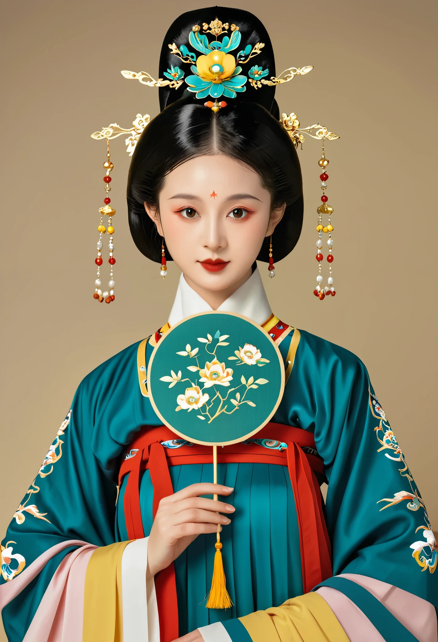 Chinese classical girl portrait，symmetry，Round Face，Bright Eyes，Smooth skin，Chinese Song Dynasty official uniform,egotistical,Official hat，Holding a round fan，Clean background