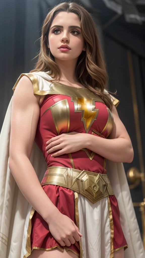 (ultra-realistisch,32k, Meisterwerk:1.2),(hochdetaillierte Haut:1.1),( 8k uhd, dslr, gute Qualität:1.1),muskulöse aufgepumpte Laura Marano, Laura Marano als Mary Marvel, braune Haare, lange Haare, weißer Umhang, rotes Kleid, roter Rock, kurze Ärmel, befestigen ,muskulöser Körper,praller Bizeps, (riesige Brust:0.9), (Betrachter betrachten, Stehen, von unten:1.1),,,(dichte Lichtstrahlen:1.1),Leerer Hintergrund
