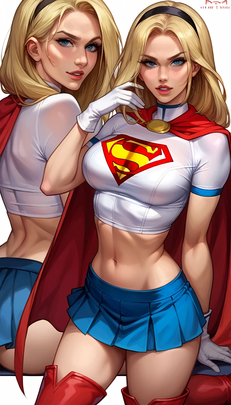 score_9, score_8_up, score_7_up, source_cartoon, BREAK 1girl, solo, Supergirl \(DC Animated Universe\), (long blonde hair:1.2), (black hairband:1.2), (white crop top, short sleeves:1.2), (short red cape:1.2), (short tight blue skirt:1.2), (white gloves:1.2), (red boots:1.2), looking at viewer, parted lips, mature woman, hot,in her bedroom, model poses, midshot.