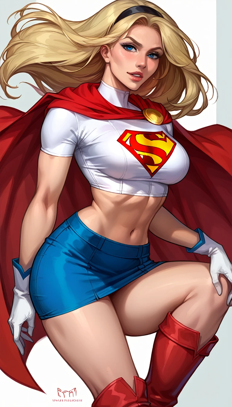 score_9, score_8_up, score_7_up, source_cartoon, BREAK 1girl, solo, Supergirl \(DC Animated Universe\), (long blonde hair:1.2), (black hairband:1.2), (white crop top, short sleeves:1.2), (short red cape:1.2), (short tight blue skirt:1.2), (white gloves:1.2), (red boots:1.2), looking at viewer, parted lips, mature woman, hot,in her bedroom, model poses, midshot.