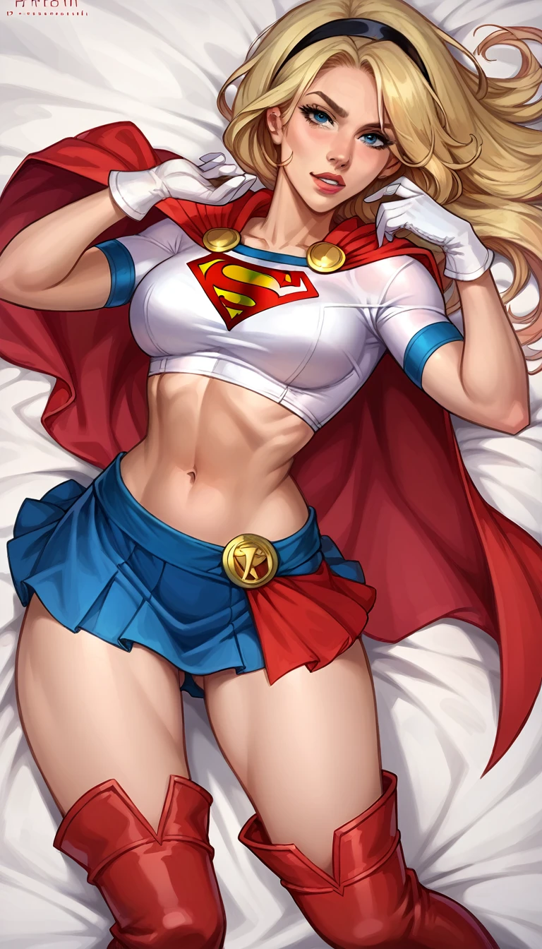 score_9, score_8_up, score_7_up, source_cartoon, BREAK 1girl, solo, Supergirl \(DC Animated Universe\), (long blonde hair:1.2), (black hairband:1.2), (white crop top, short sleeves:1.2), (short red cape:1.2), (short tight blue skirt:1.2), (white gloves:1.2), (red boots:1.2), looking at viewer, parted lips, mature woman, hot,in her bedroom, model poses, midshot.