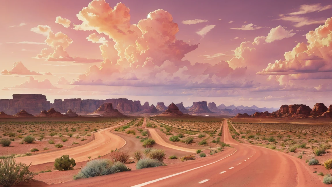 painting of a dirt route with a dirt route leading to a desert area, art conceptuel. fond scénique, nuages roses moelleux, Ciel rouge, route!!!, Beaux nuages gonflés. Belle scène, paysage, art conceptuel