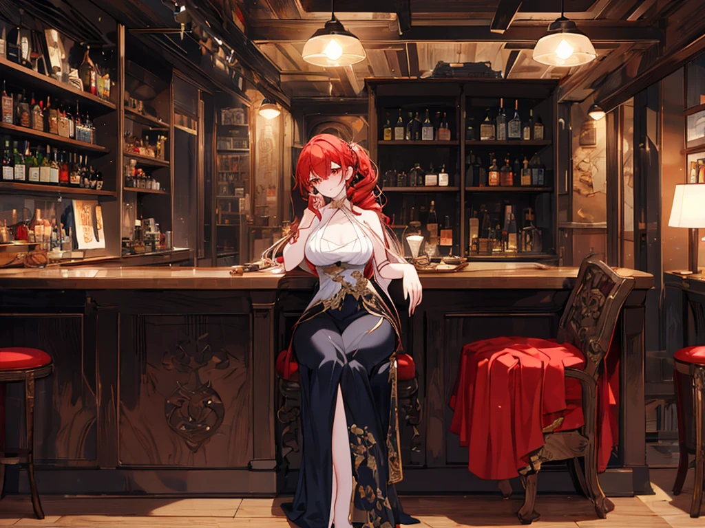 Crossing your legs, Anime style painting, An illustration, Liquor, バーに座ってカクテルを飲むwoman, look return, return, 背景の棚には多彩な色のLiquor瓶が並んでいる, Quiet bar, Calm expression, Perfect hands, elder, Redhead, Dignity at 50, ほろ酔いのwoman, alone、(Highly detailed returnground:1.0)、(Highly detailed returnground:1.0)、masterpiece、Highest quality、(Babes)、Fractal Art、Red eyes、Narrow eyes、Black and red dress, Reddish lips、From the shoulders up、smile、一人のwoman、Red Long Ponytail, Curly Hair, Red eyes,Golden accessories, alone, Big Breasts, woman, Take-out, Provocative laughter,40 year old woman,Queen of Sadism, Highly detailed returnground, Perfect Human Medicine,