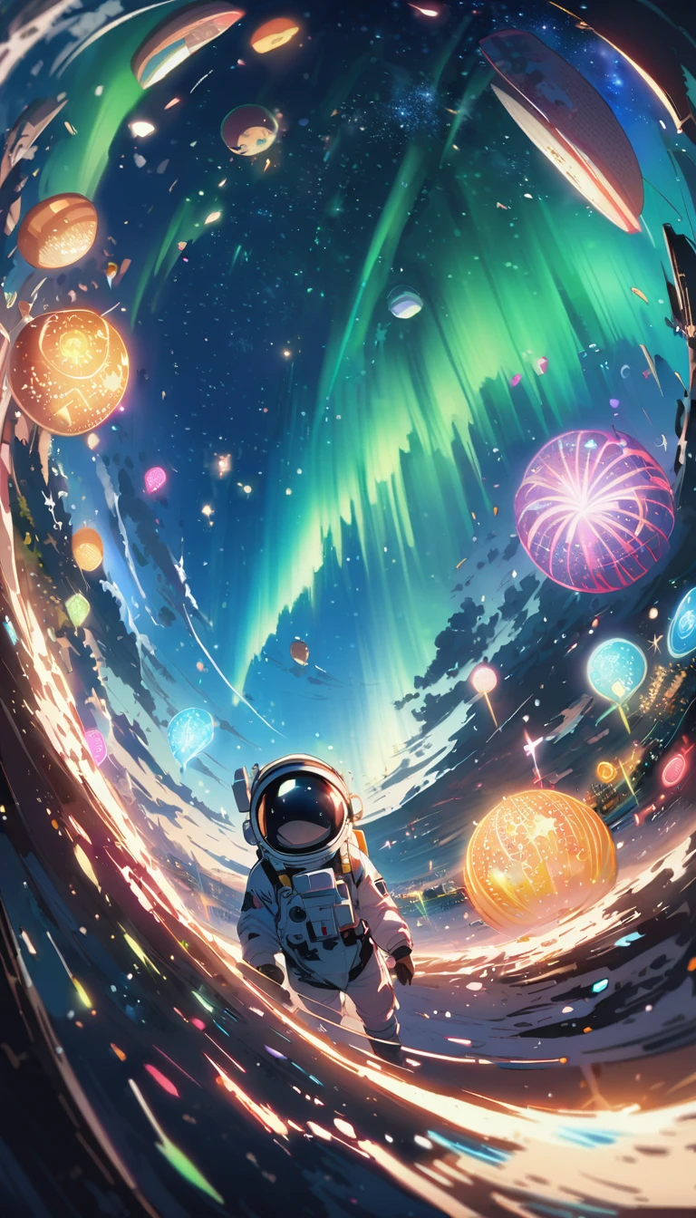 A stunning 8K RAW masterpiece, Glitter Splash captures the beauty of space, Featuring a girl astronaut surrounded by a mesmerizing starry sky, Spectacular aerial fireworks, Breathtaking views of the Aurora Borealis dancing in the Milky Way. The fisheye lens effect creates a festival atmosphere.