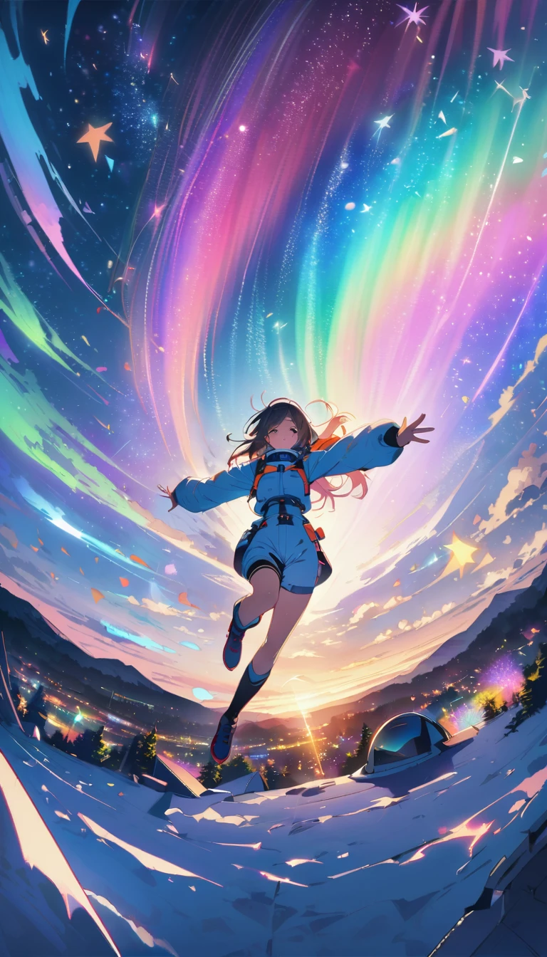 A stunning 8K RAW masterpiece, Glitter Splash captures the beauty of space, Featuring a girl astronaut surrounded by a mesmerizing starry sky, Spectacular aerial fireworks, Breathtaking views of the Aurora Borealis dancing in the Milky Way. The fisheye lens effect creates a festival atmosphere.